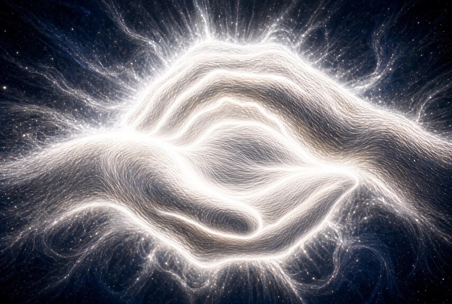 Glowing cupped hands holding a luminous white light against a starry background.