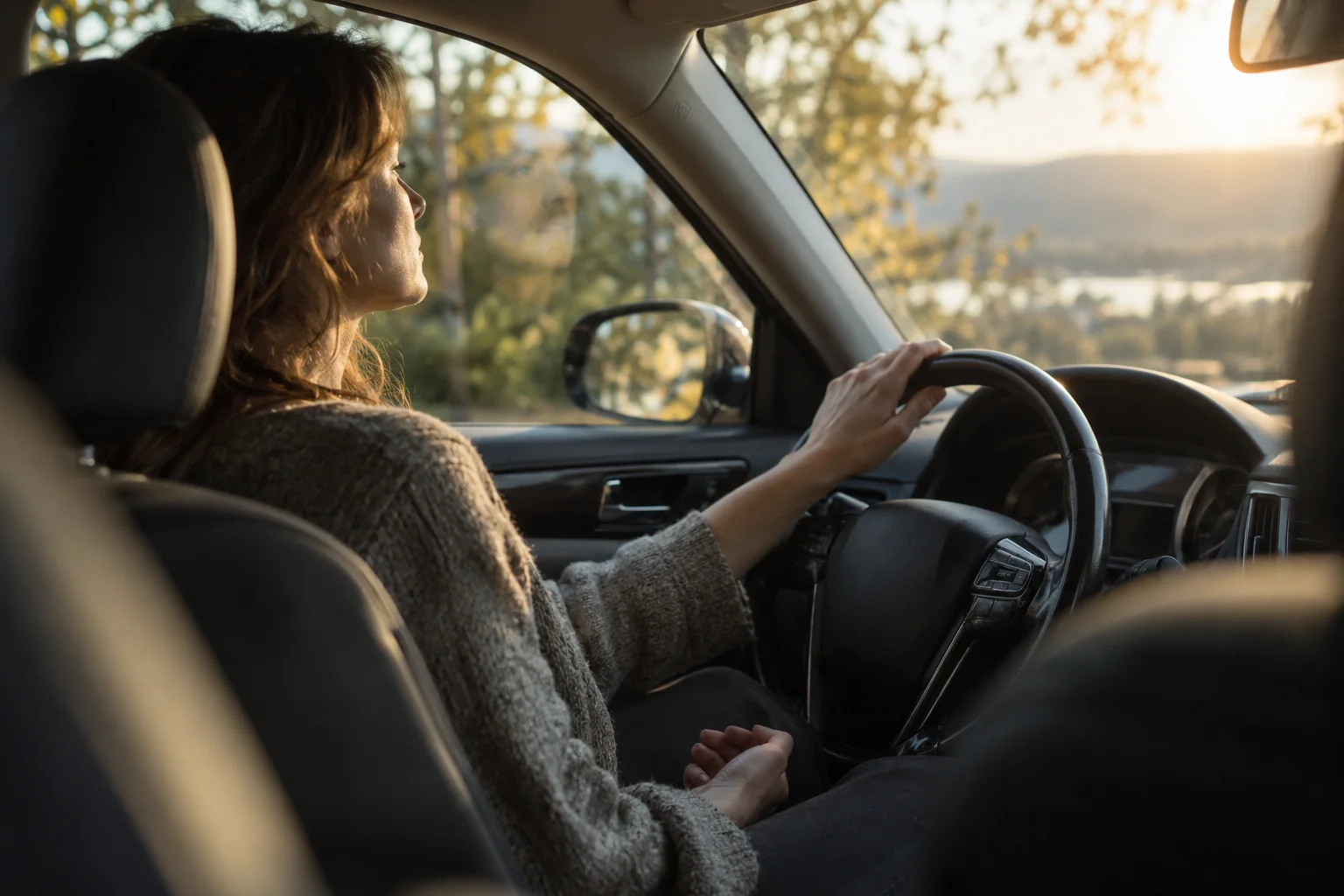 Woman sitting in a car with one hand on the steering wheel, looking toward a sunlit landscape.