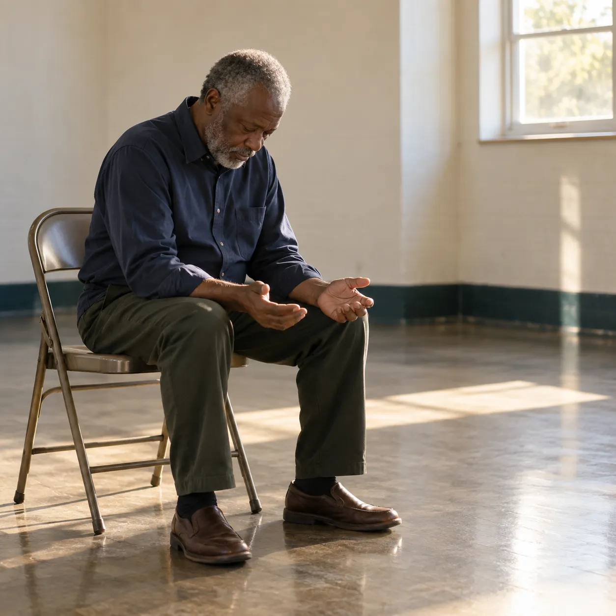 An older man seated alone with bowed head and open hands in a plain room