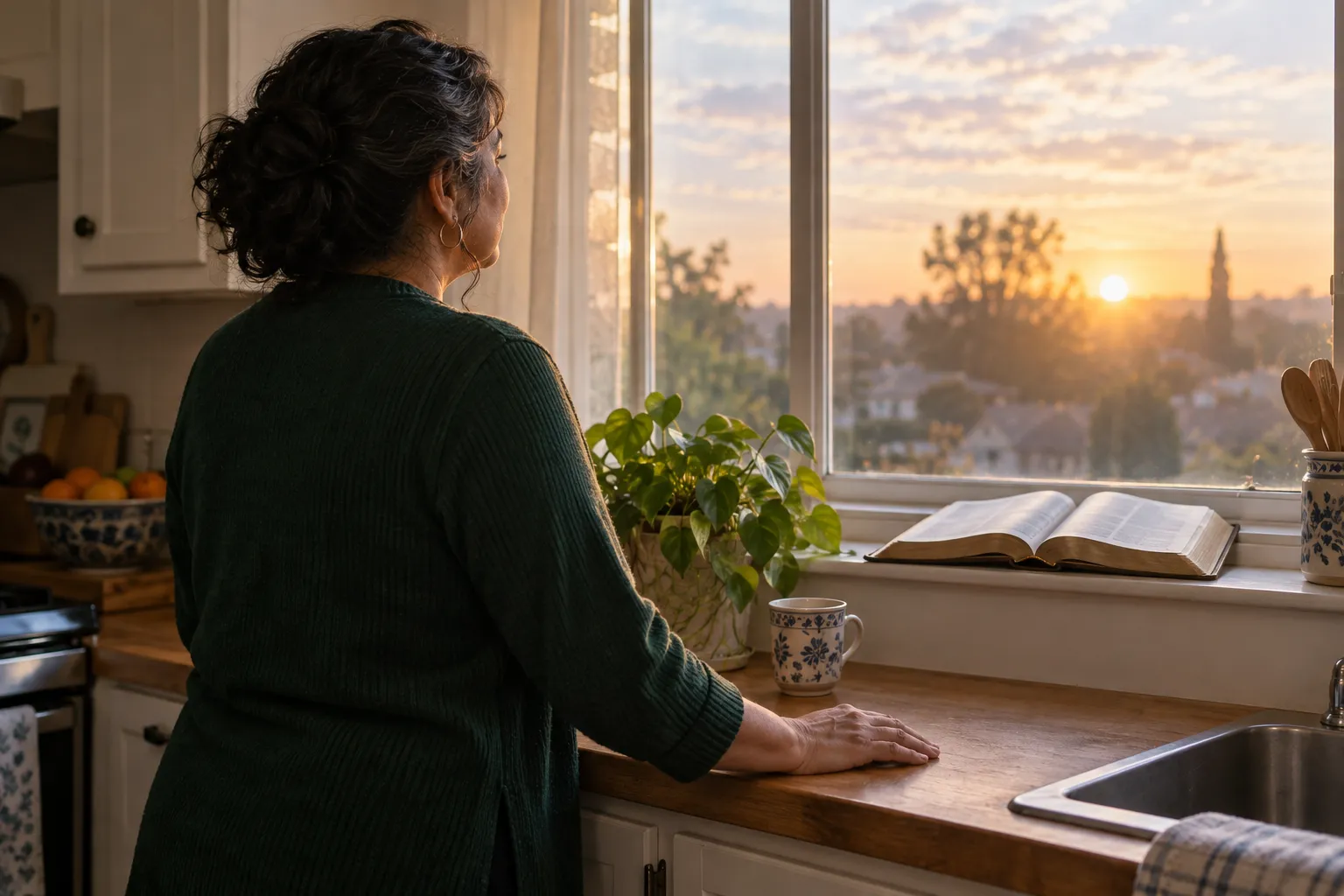 A woman standing at a kitchen window at first light beside an open Bible