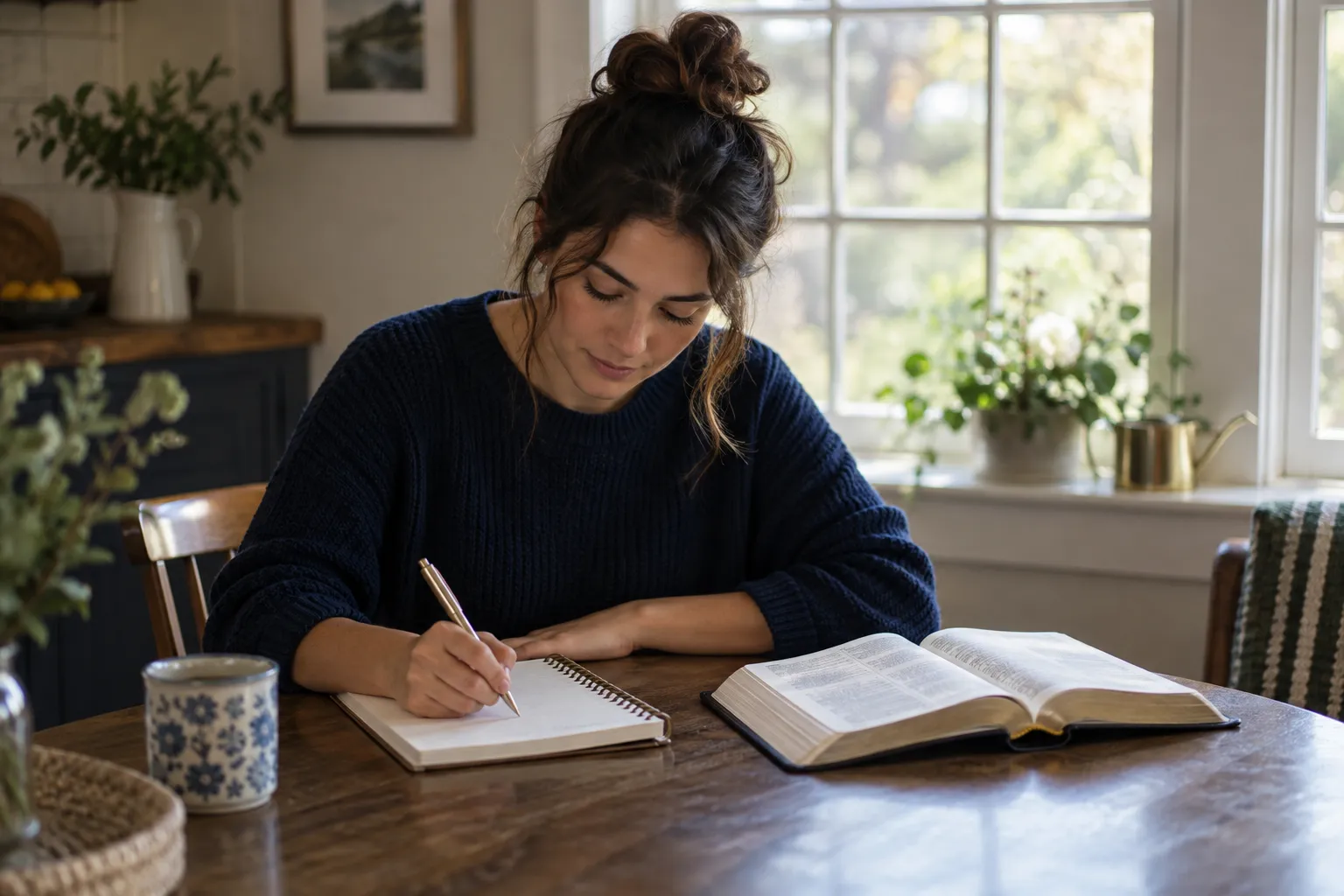 A woman writing in a notebook at a kitchen table, morning light