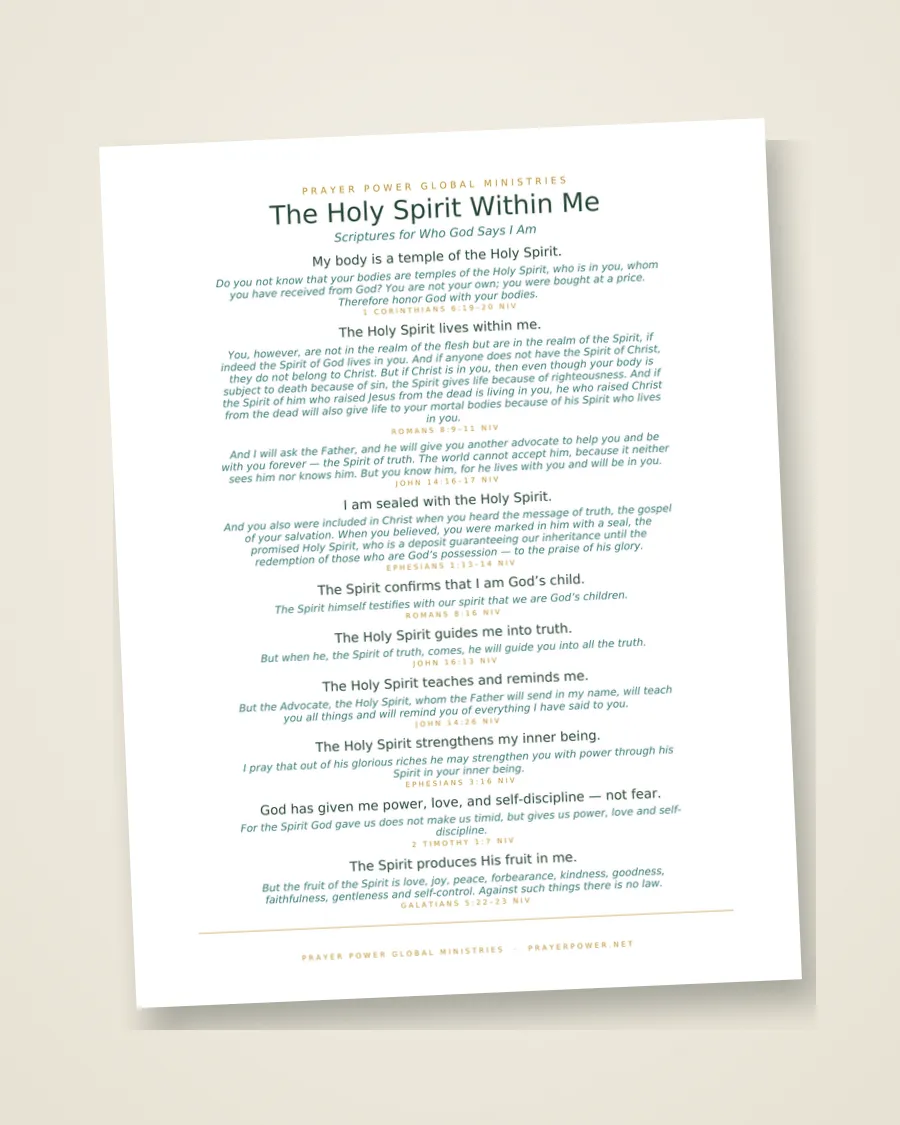 The printed Holy Spirit Within Me Scripture pages resting on linen