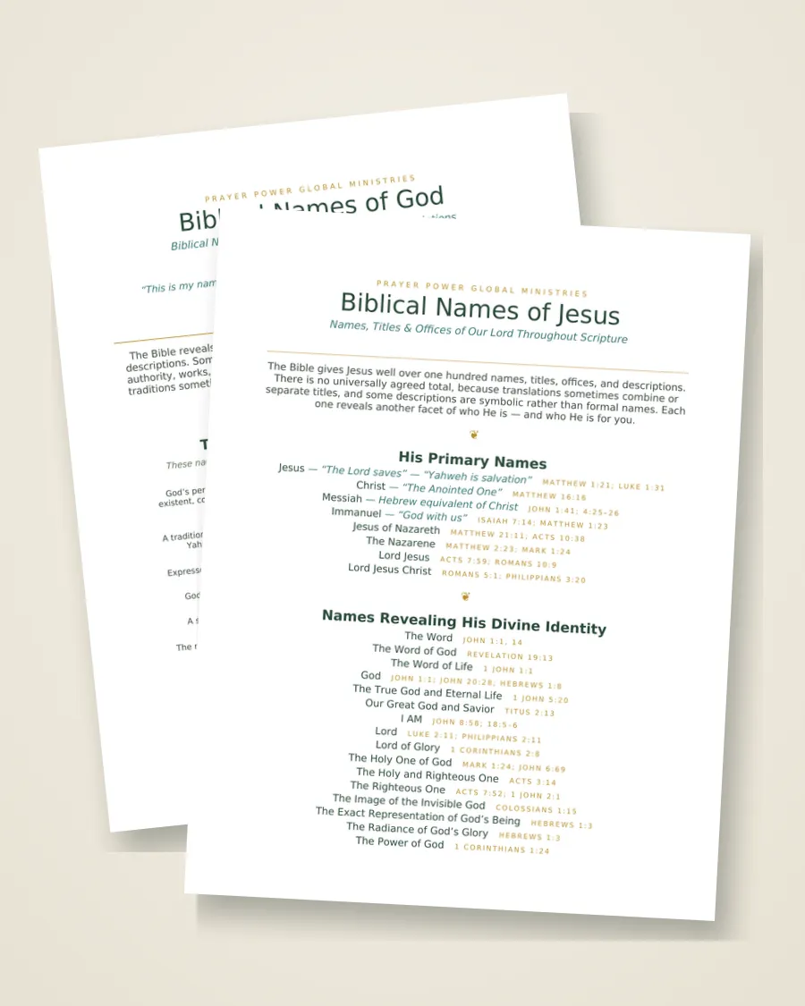 The printed Names of God and Names of Jesus guides resting on linen