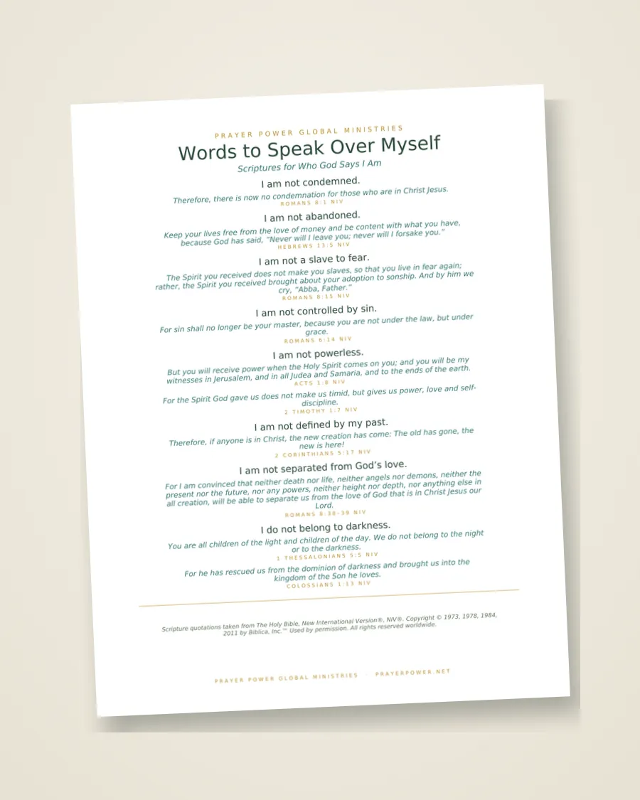 The printed Words to Speak Over Myself page resting on linen